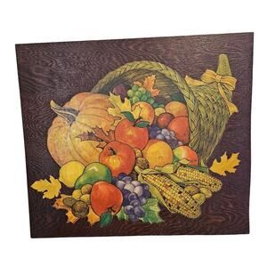 Vintage Cornucopia Wood Panel Picture 16" Thanksgiving Flowers Cottage 80s Fall